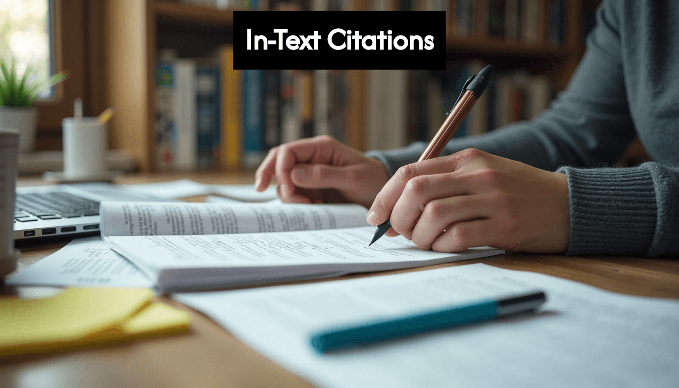 Hands typing citations with book