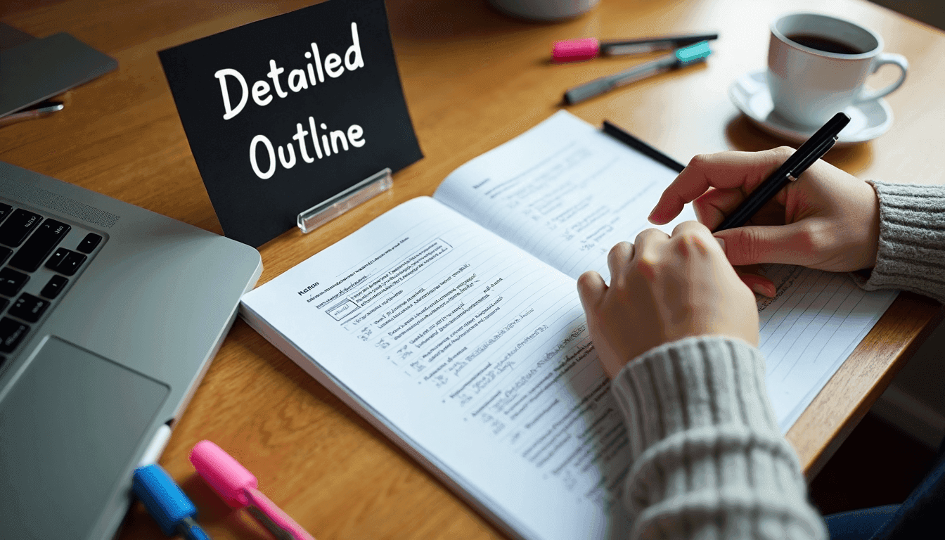 Student writing detailed essay outline at sunny desk