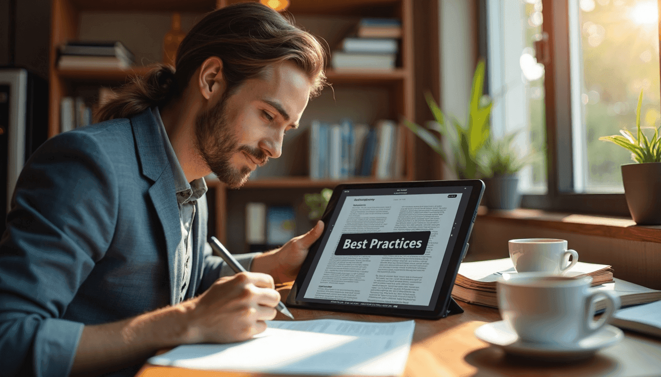 Academic analyzing research with digital notes and banner