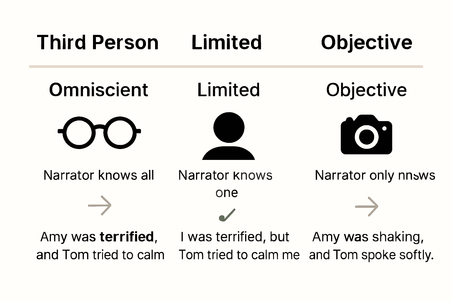Infographic comparing three types of third person perspective for essays
