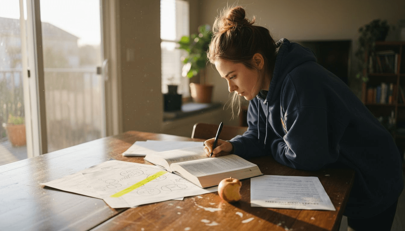 Student outlining academic paper at kitchen table