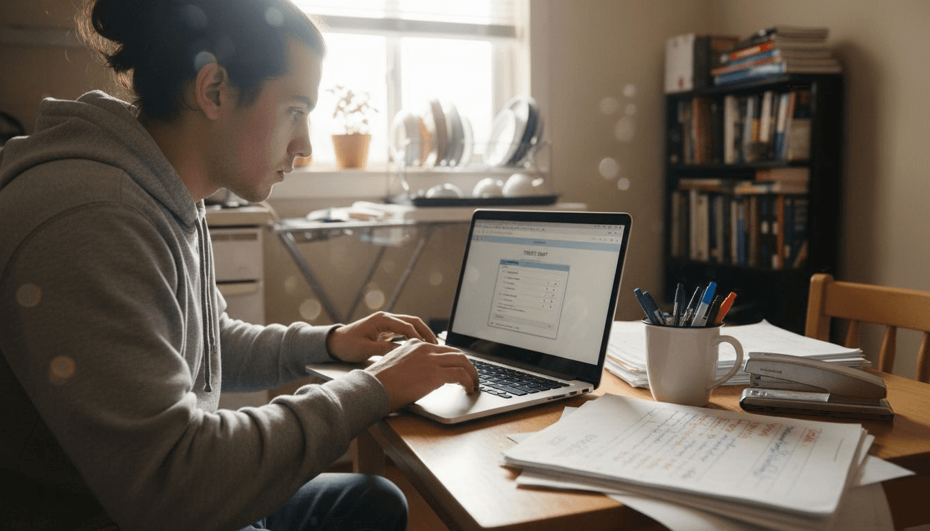 Student adjusting essay formatting at dining table