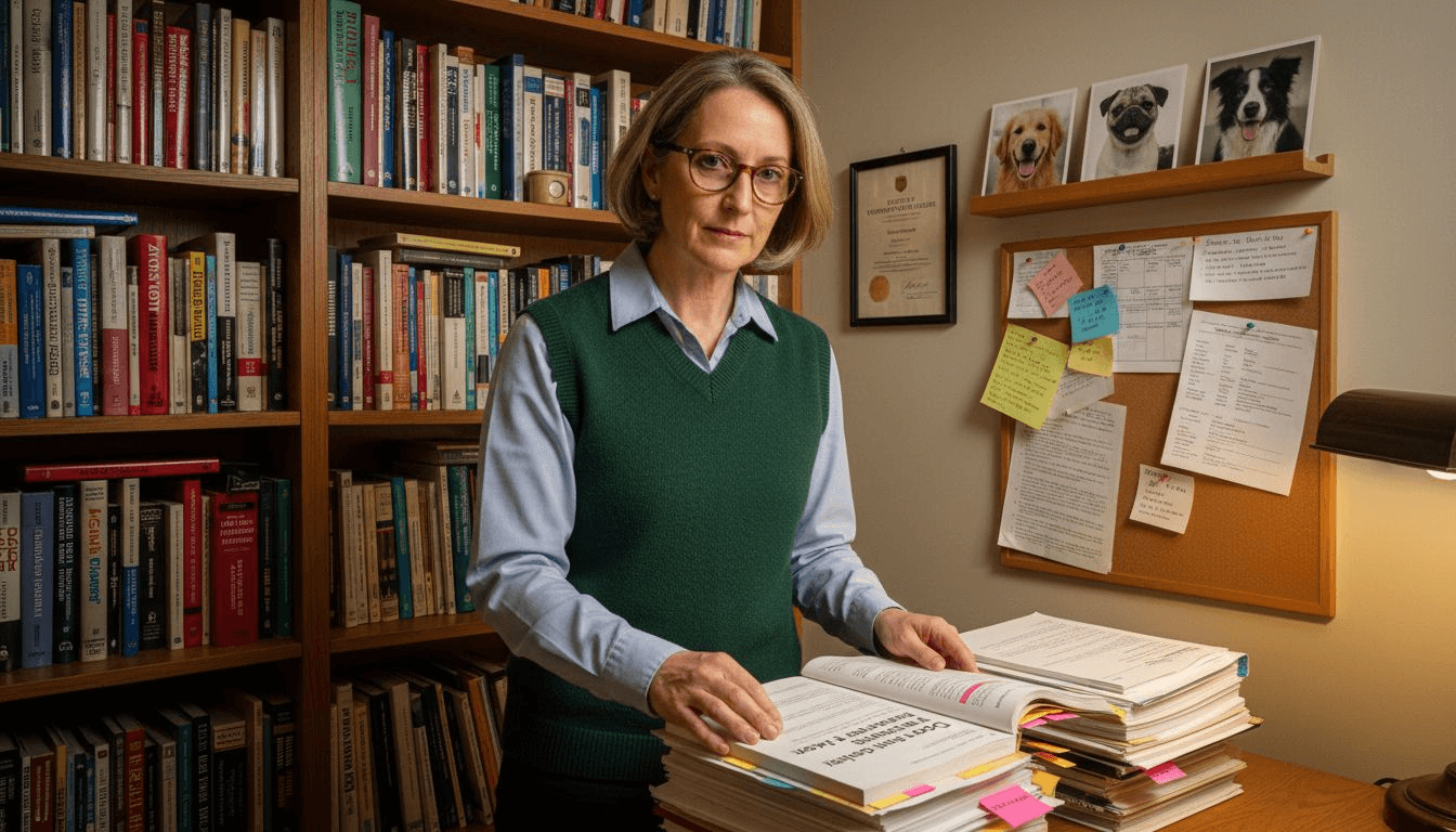Professor with canine research papers in office