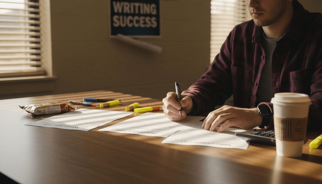 Student comparing essay types at desk
