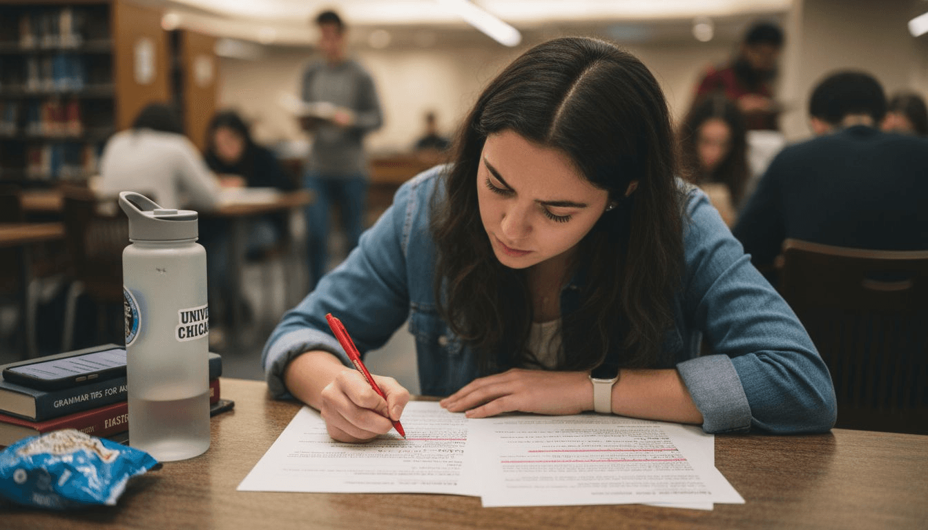 ESL student revising printed essay pages