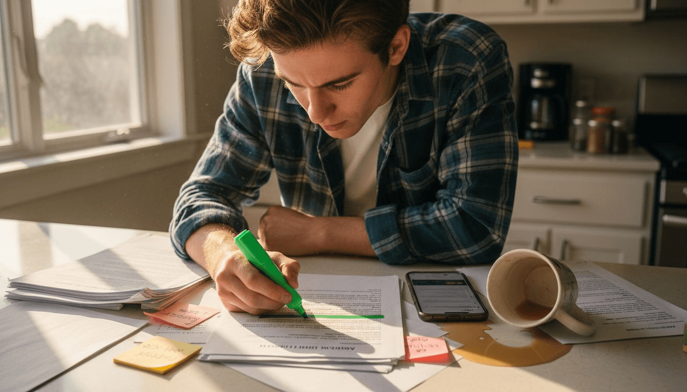 Student editing essay draft in kitchen