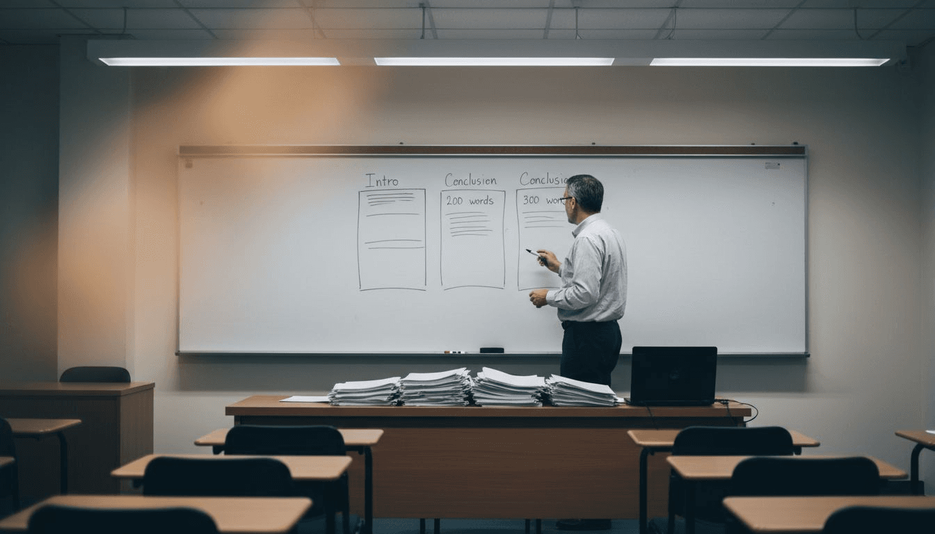 Professor explaining one page essay format, word breakdown