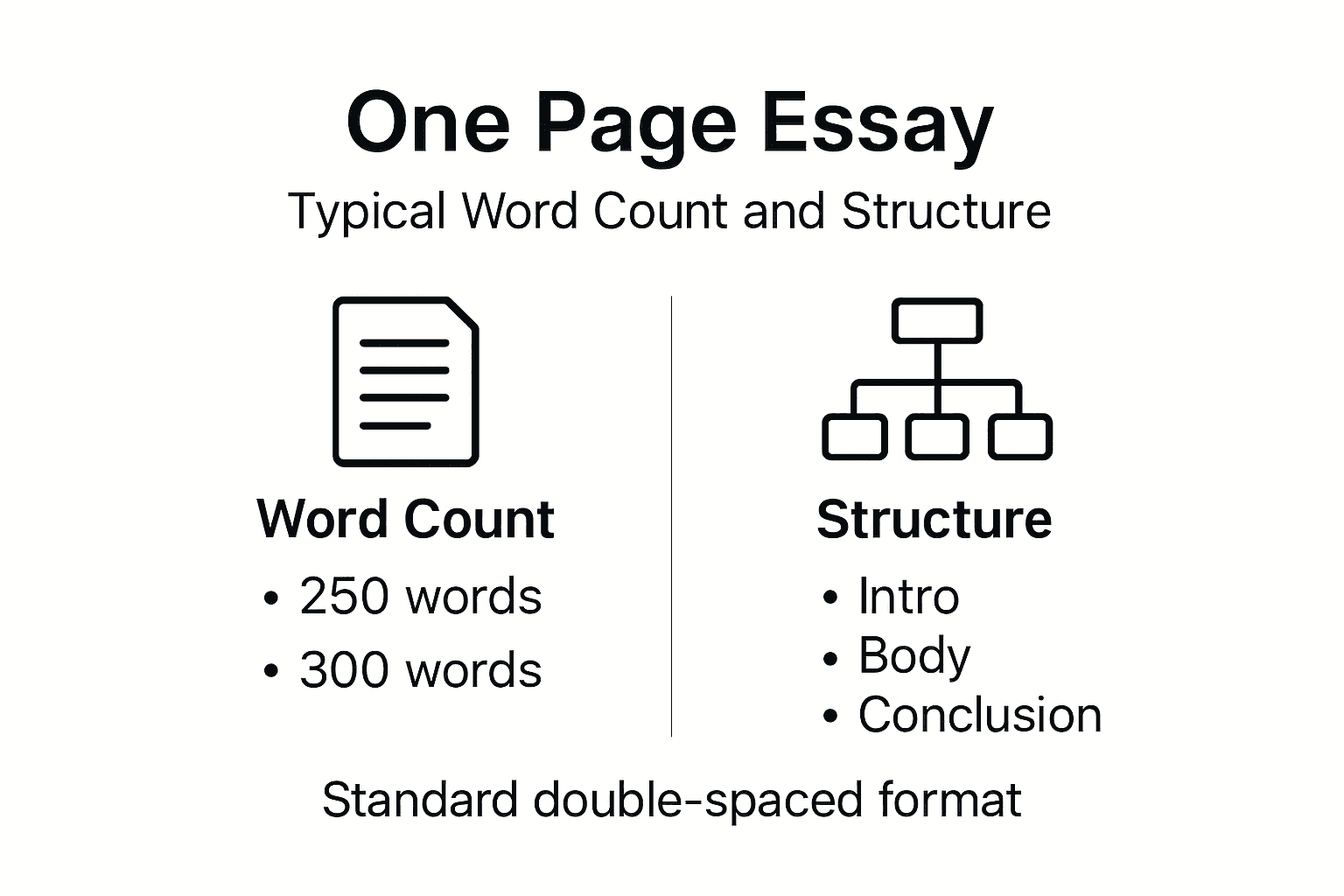 Infographic showing one page essay word count and structure