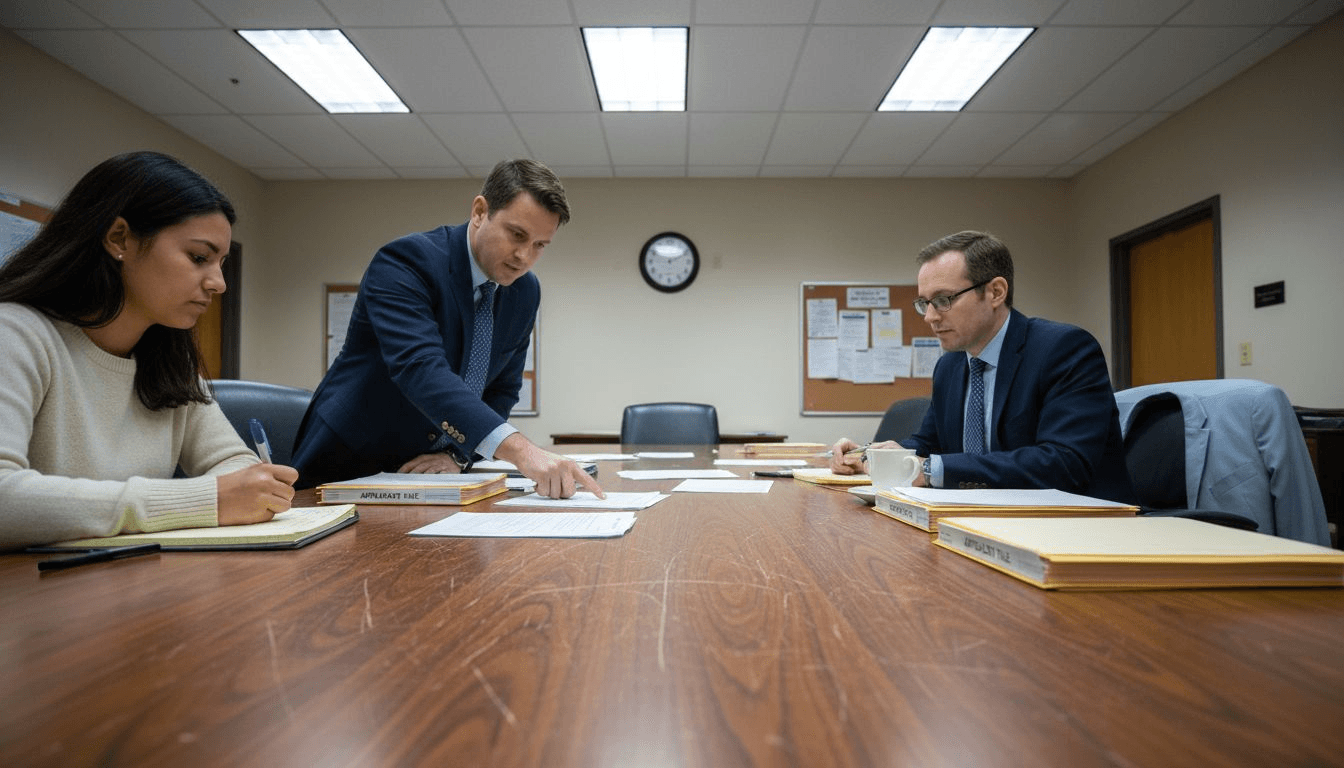 College admissions team reviewing essay files