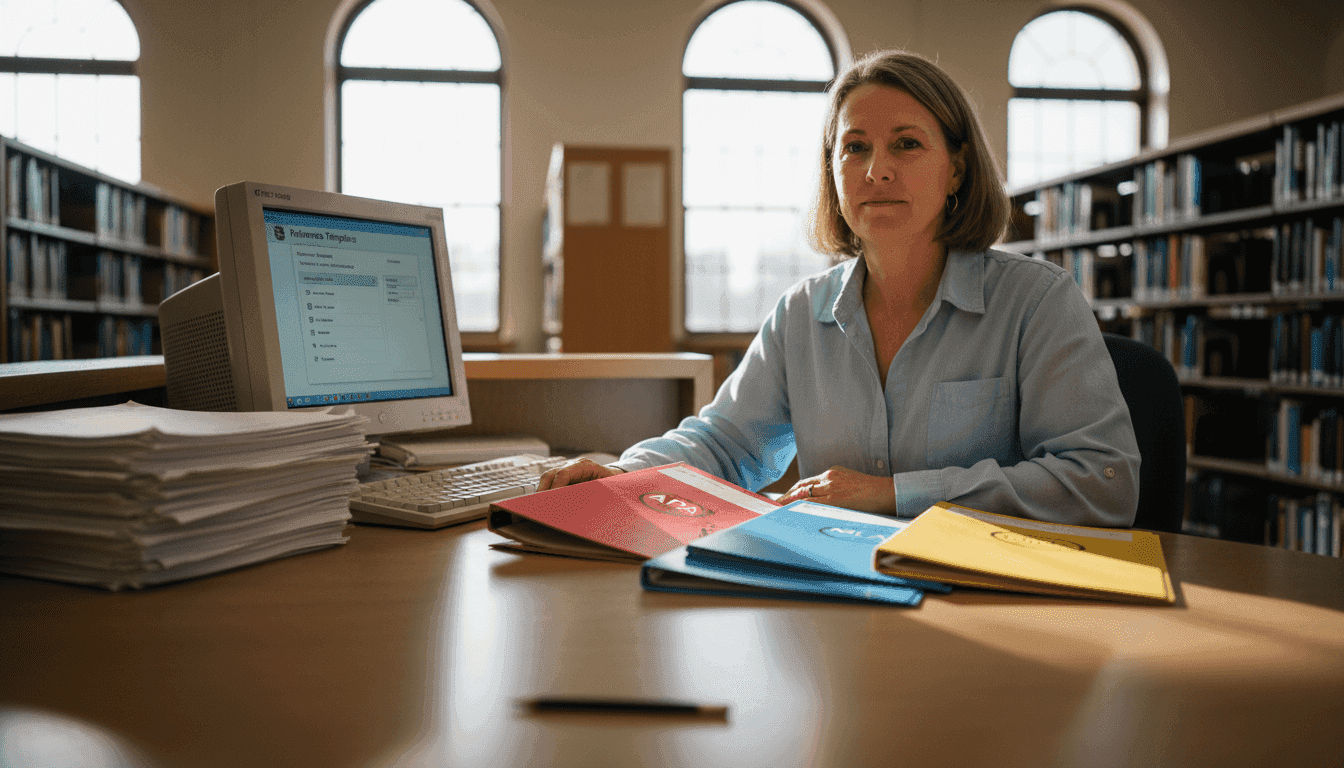 Librarian with citation guides and computer
