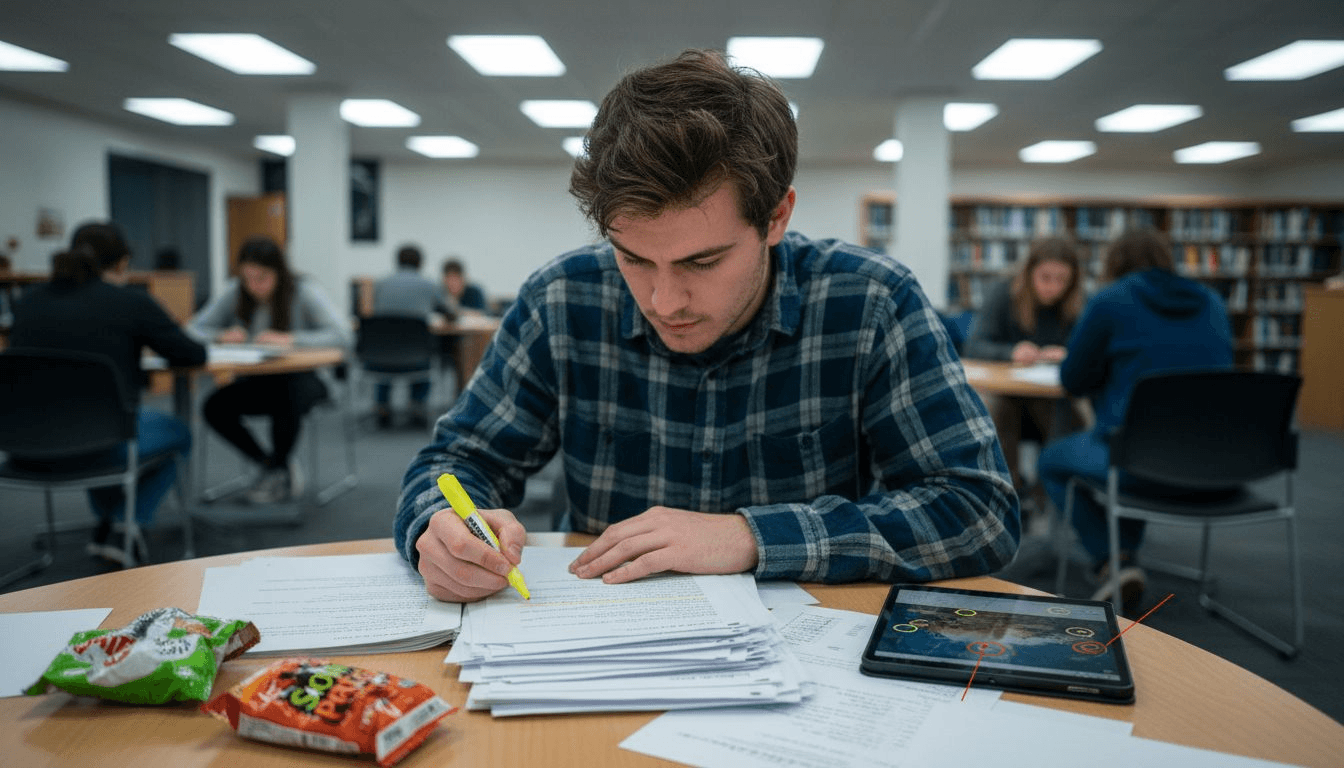 Student highlighting arts essay arguments