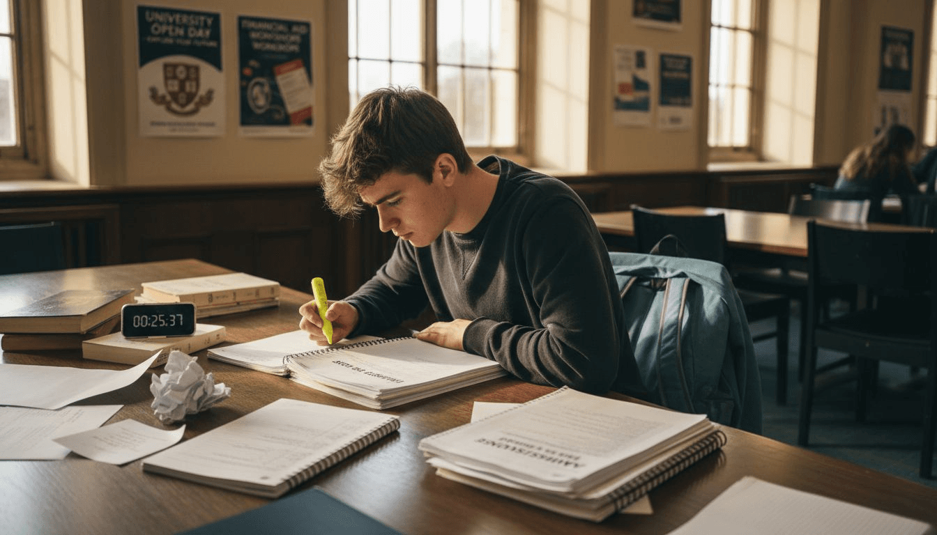 Student reviewing personal statement guides in library