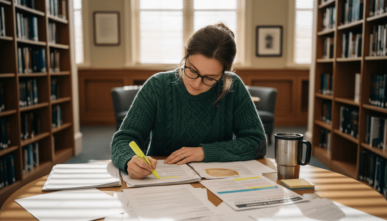 Researcher analyzing transcripts for case study paper