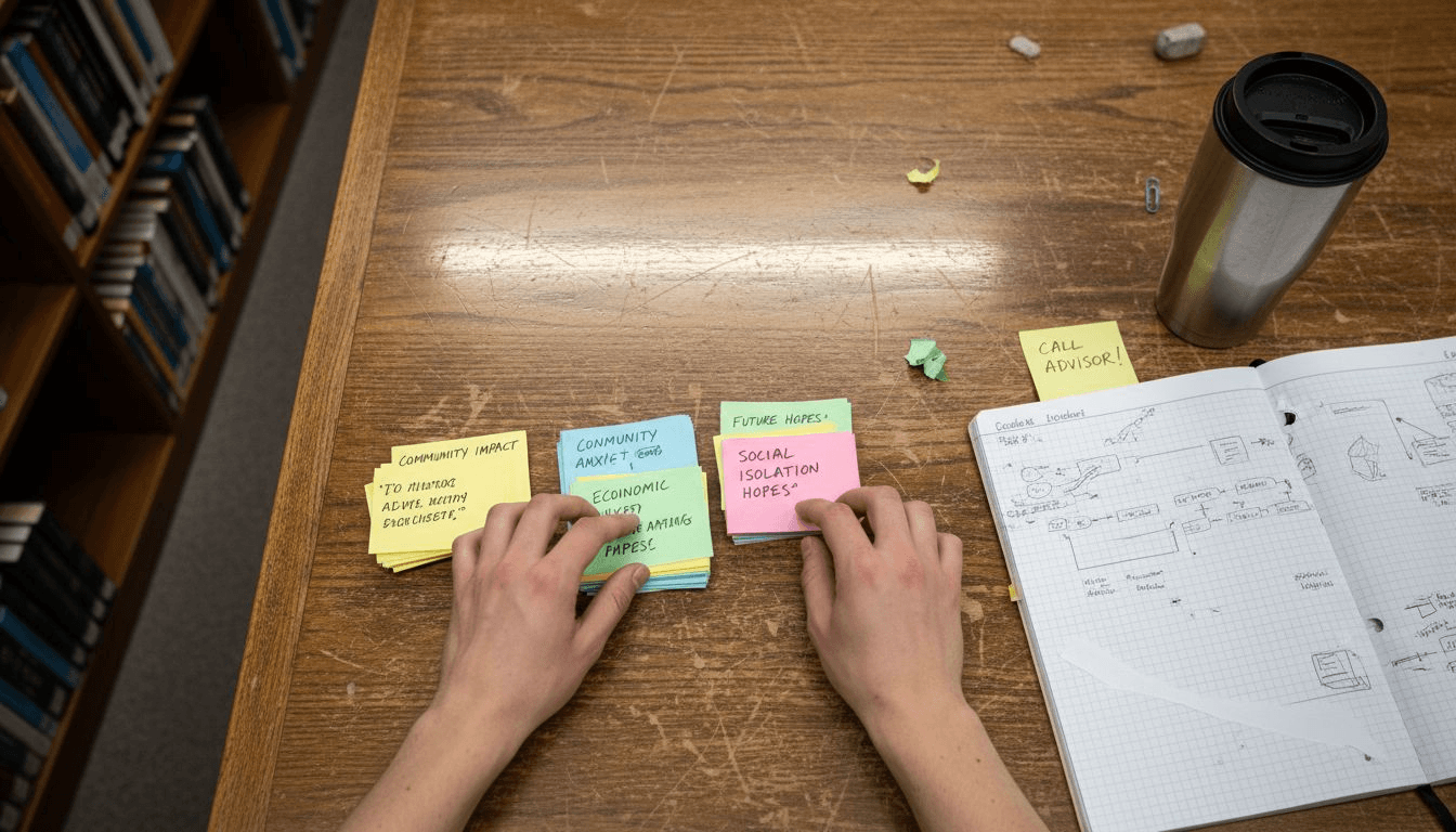 Sorting interview quotes by theme with note cards