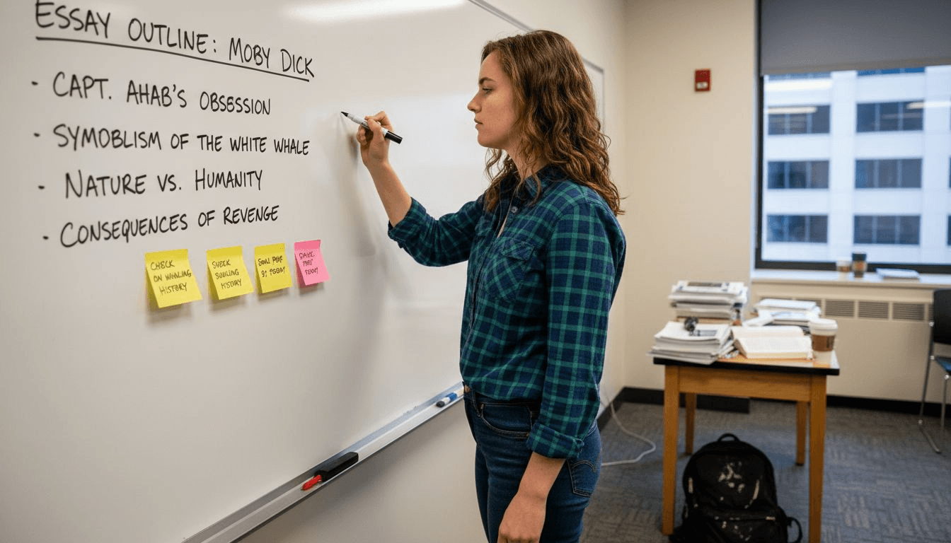 Student outlining essay at whiteboard