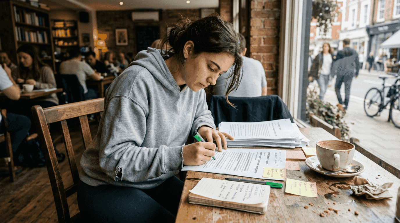 Woman annotating Band 7 IELTS essay