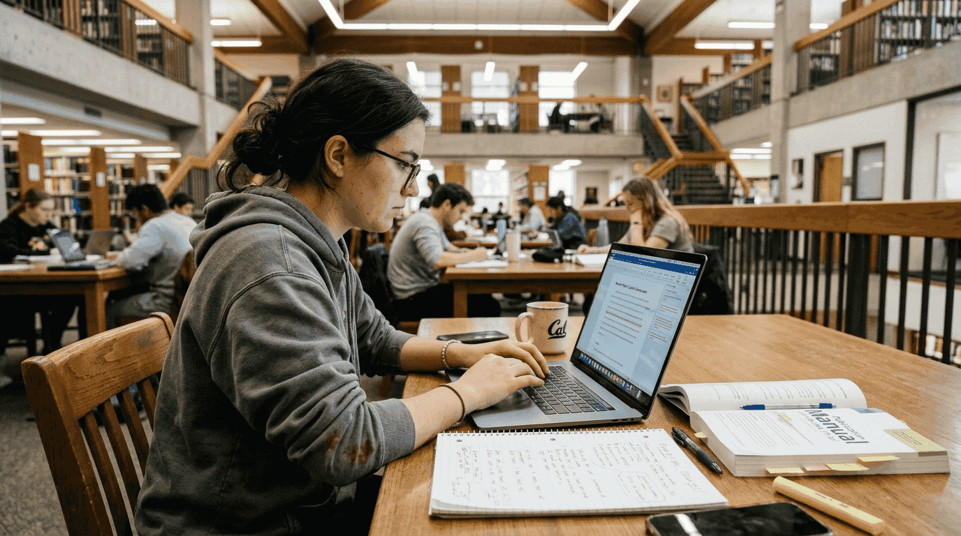 Student editing paper with citation manuals and notes