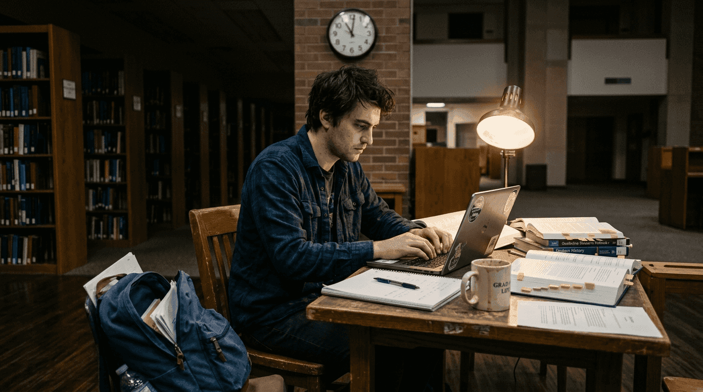 Graduate student typing late at library table