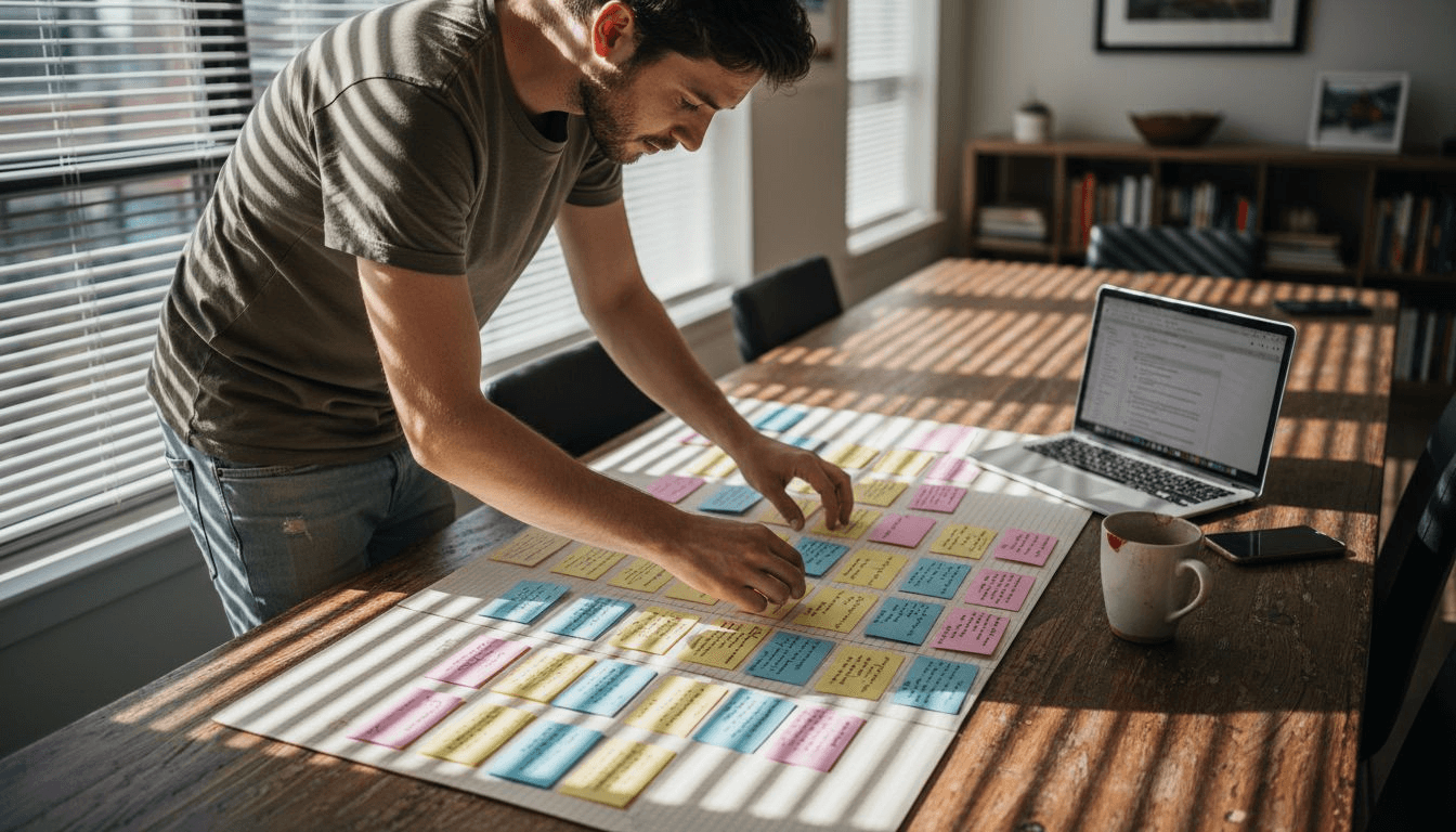 Writer organizing essay outline and notes