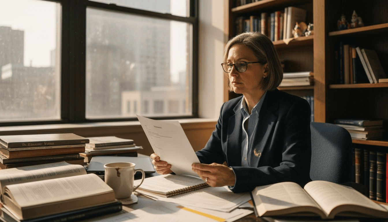 Professor reviewing research paper conclusion