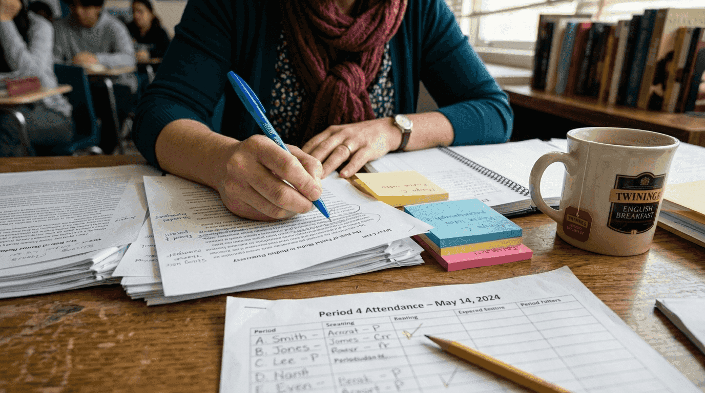 Teacher reviewing persuasive essay evidence at desk