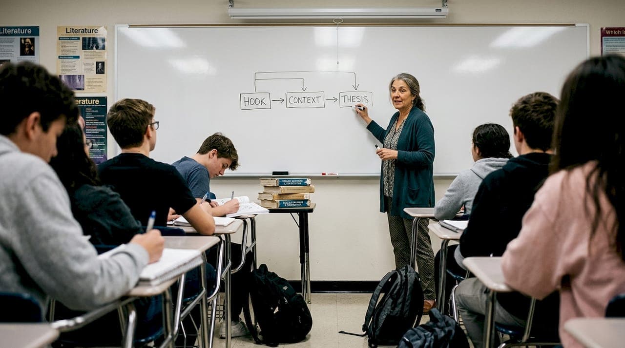 Teacher explains essay introduction roadmap on whiteboard