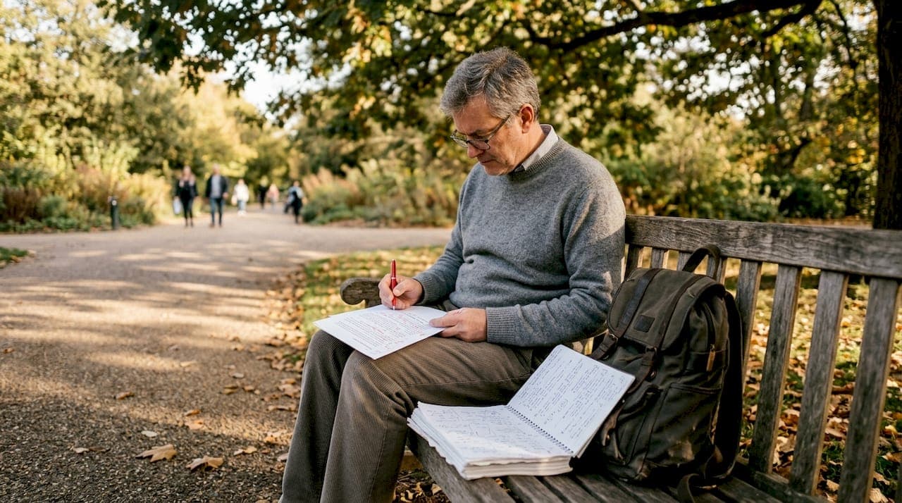 Academic edits essay draft in a park