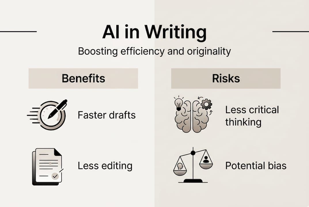 Infographic contrasts AI writing benefits and risks