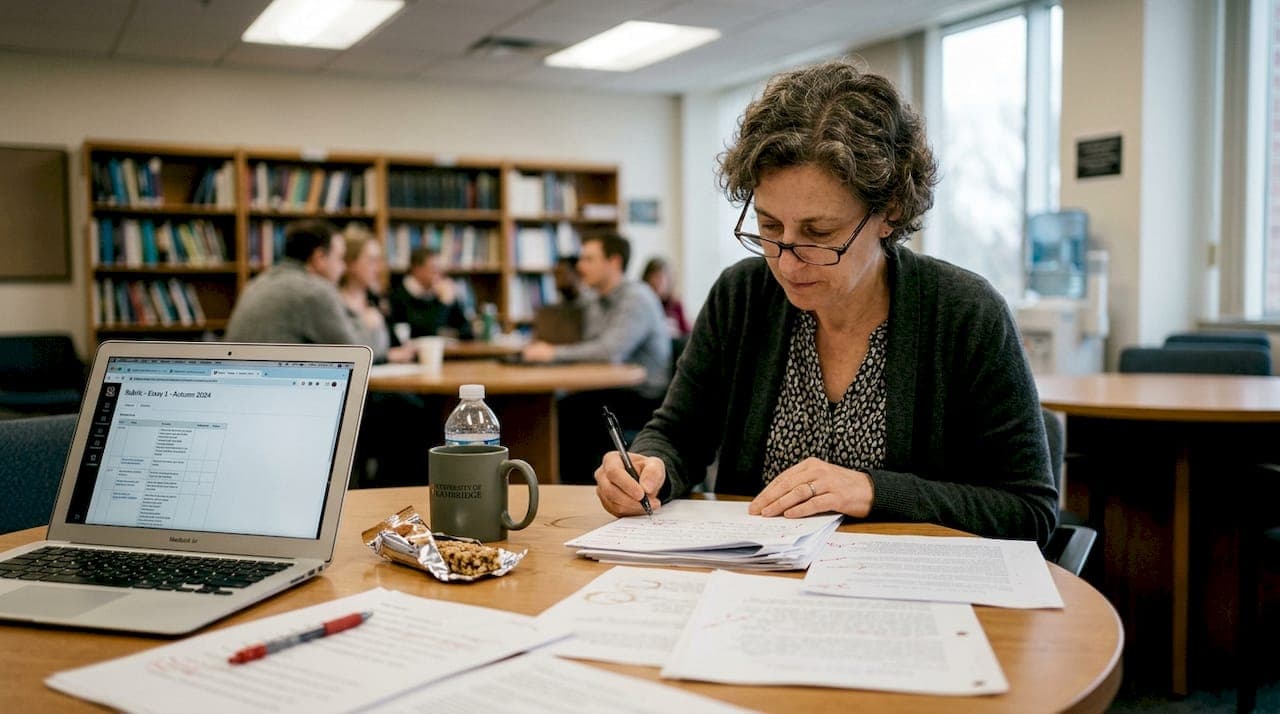 Professor grading printed essays in faculty lounge