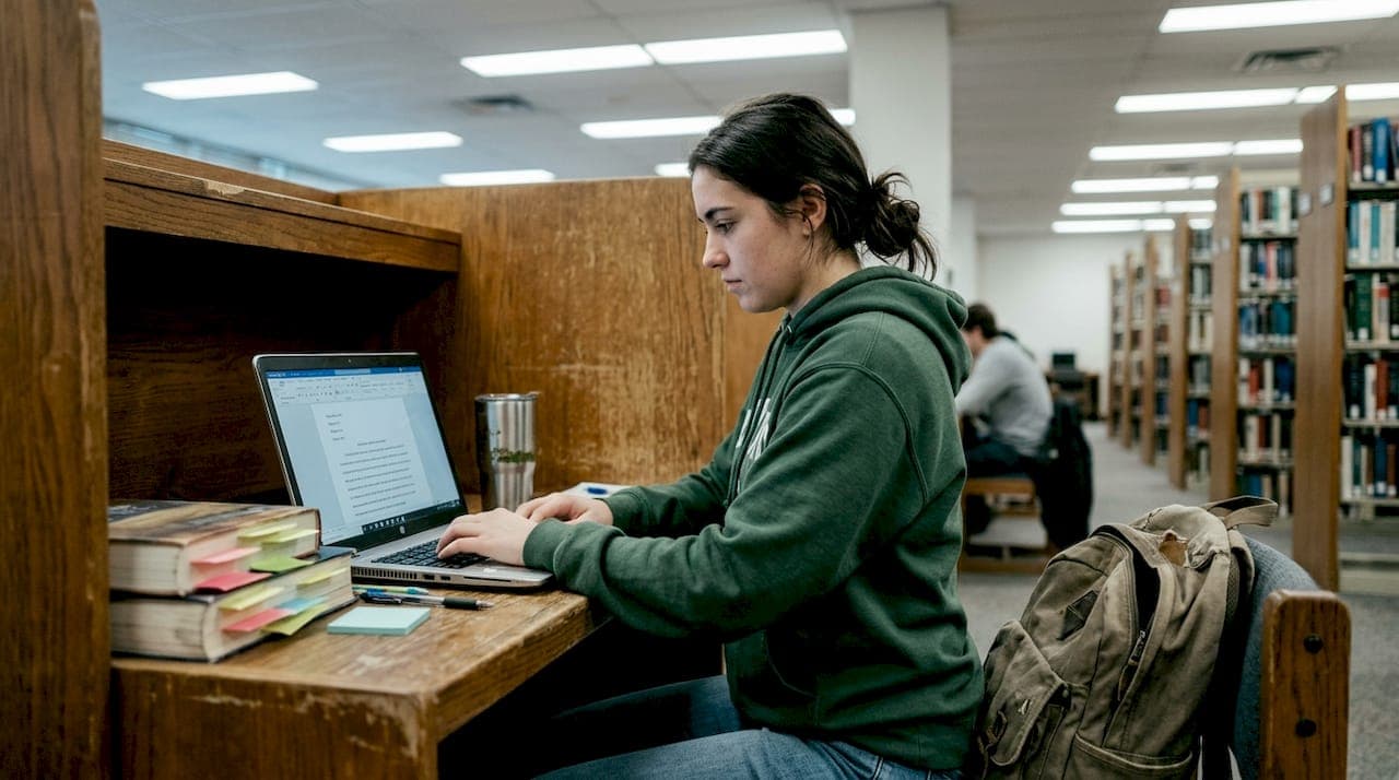 Student creating MLA formatted first page in library