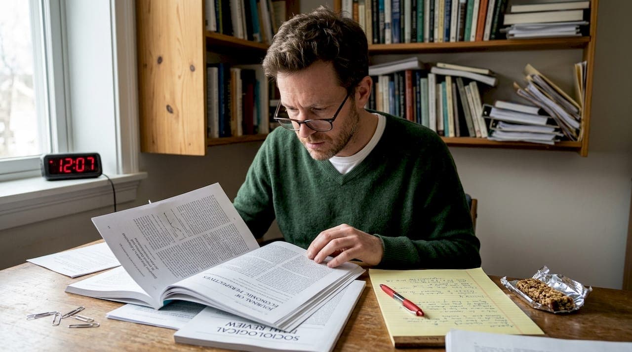 Academic analyzing research at home office desk