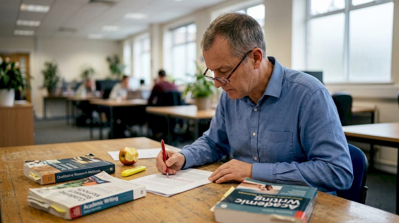 Lecturer editing academic paper with notes