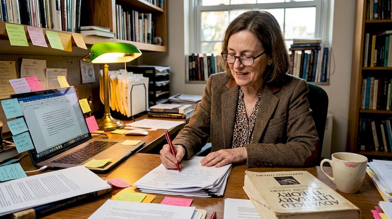 Professor marking papers at cluttered desk