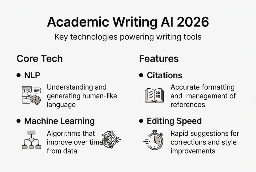 Infographic on AI writing tool technologies and features