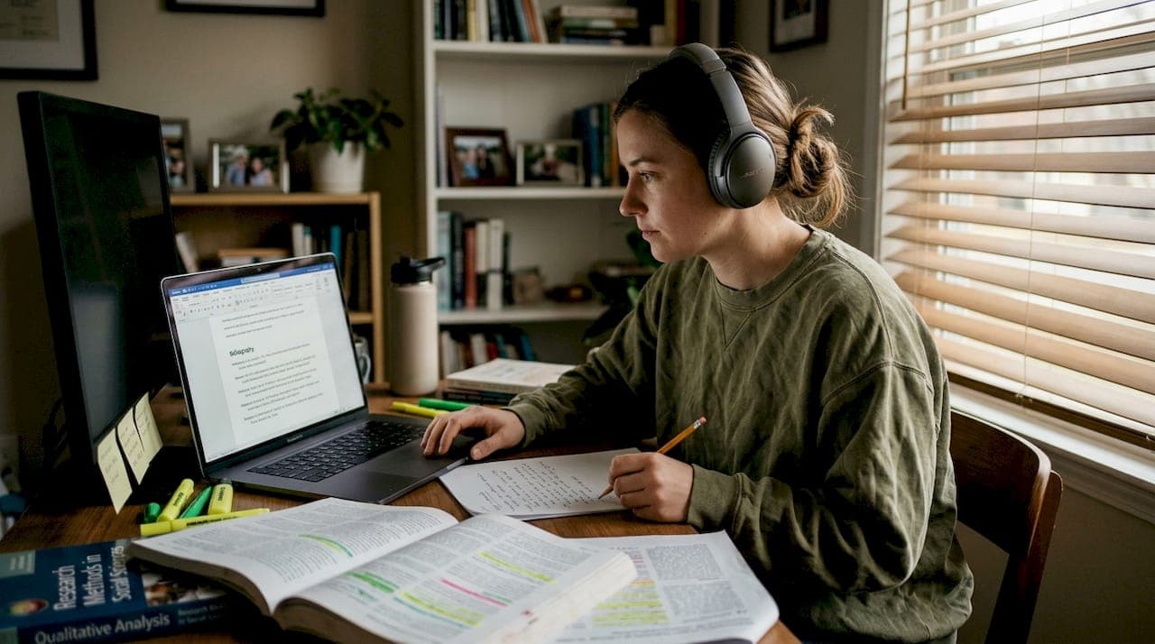 Student checks research citations at home desk