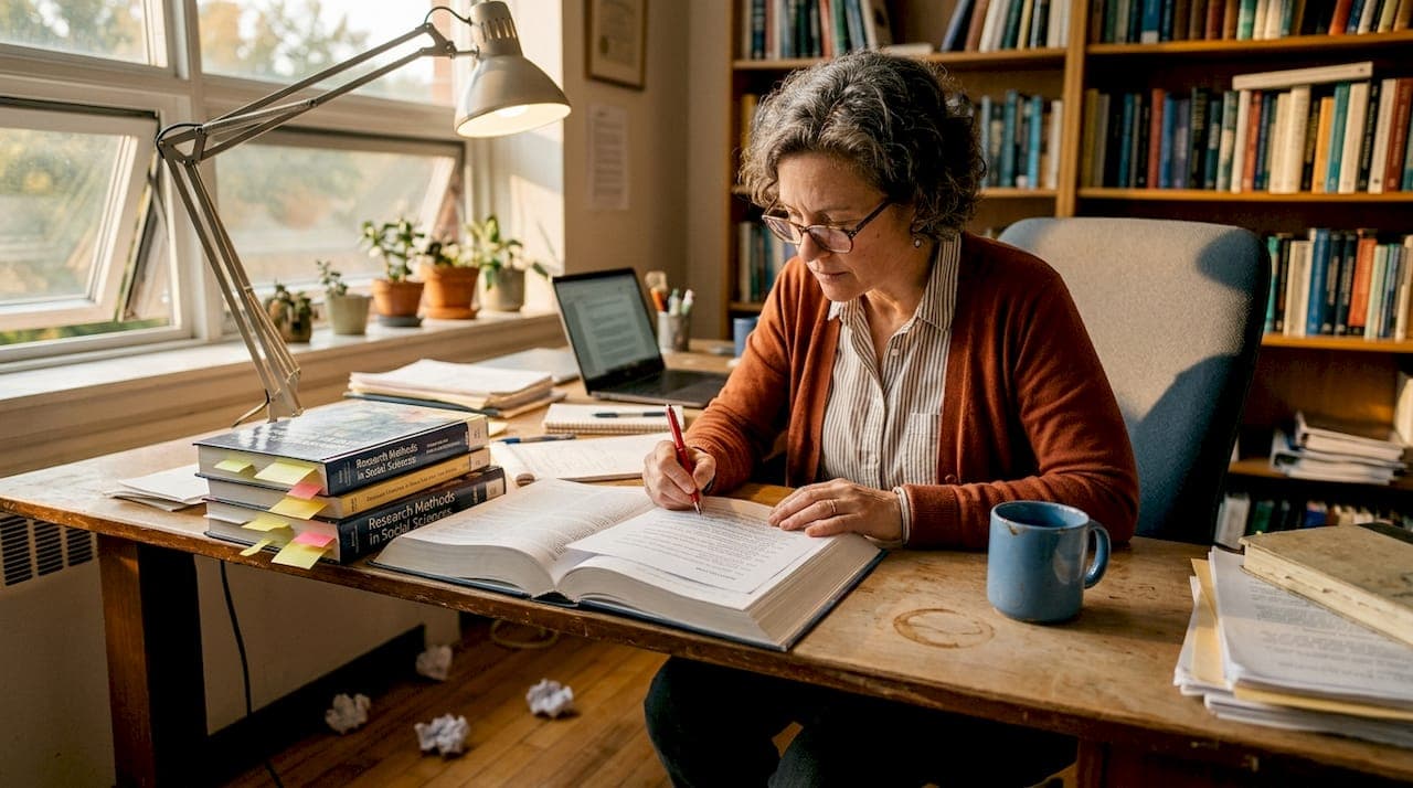 Professor checks APA references at office desk