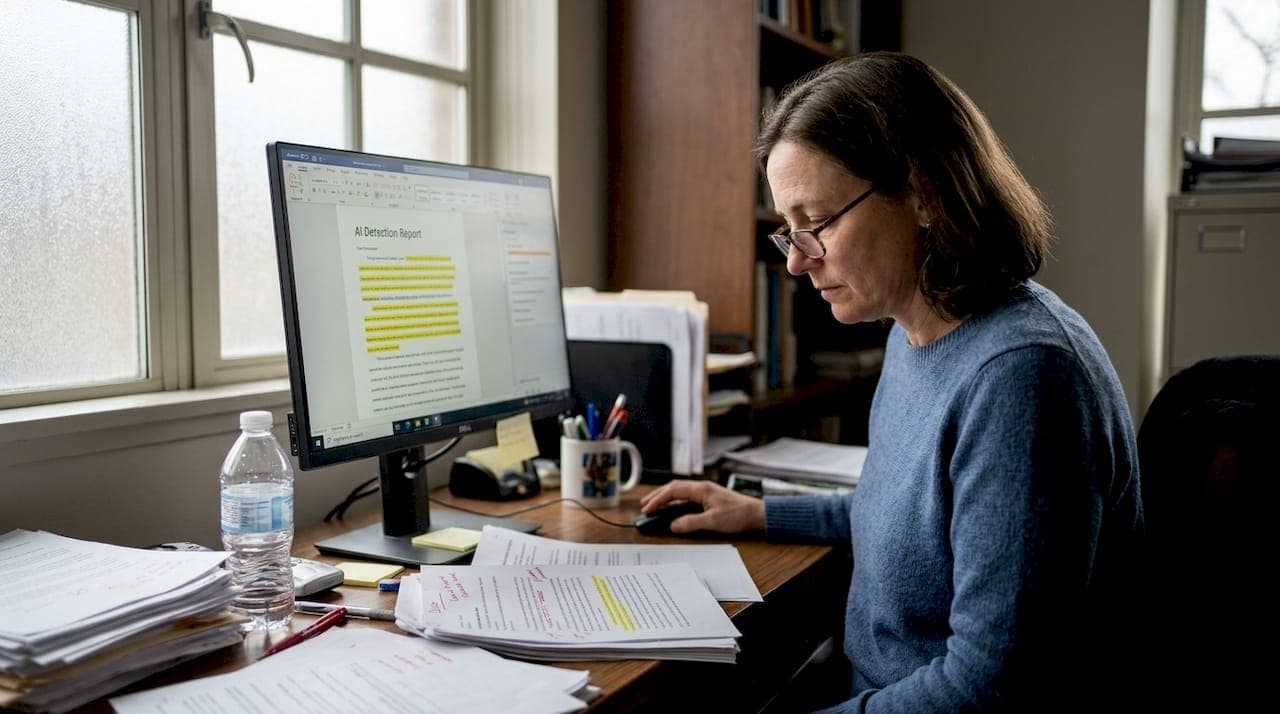 Professor reviewing AI detection results at desk