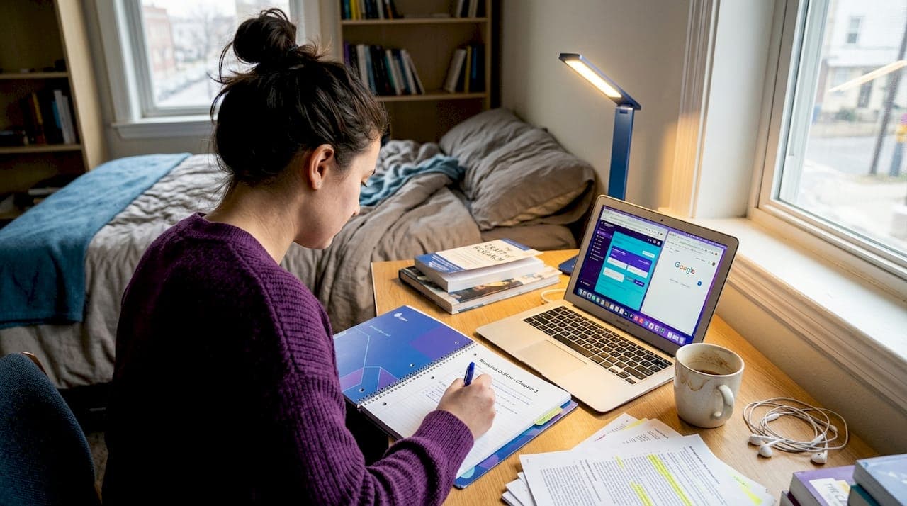 Student outlining academic paper at home