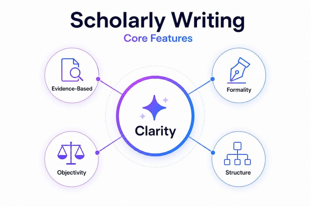 Infographic showing core features of scholarly writing