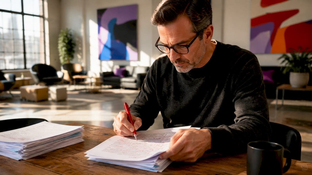 Man editing academic paper with red pen
