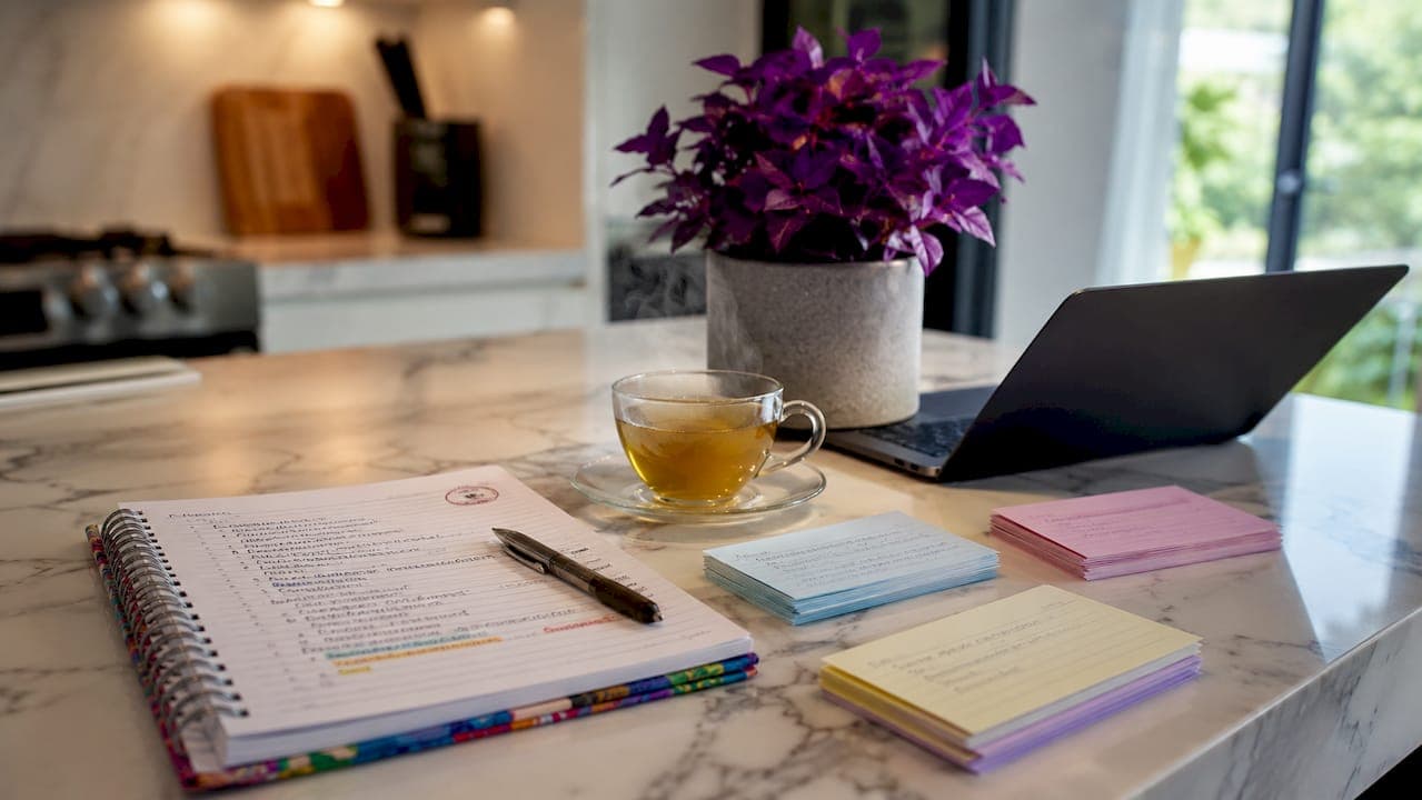 Overhead view of essay outline planning materials on desk