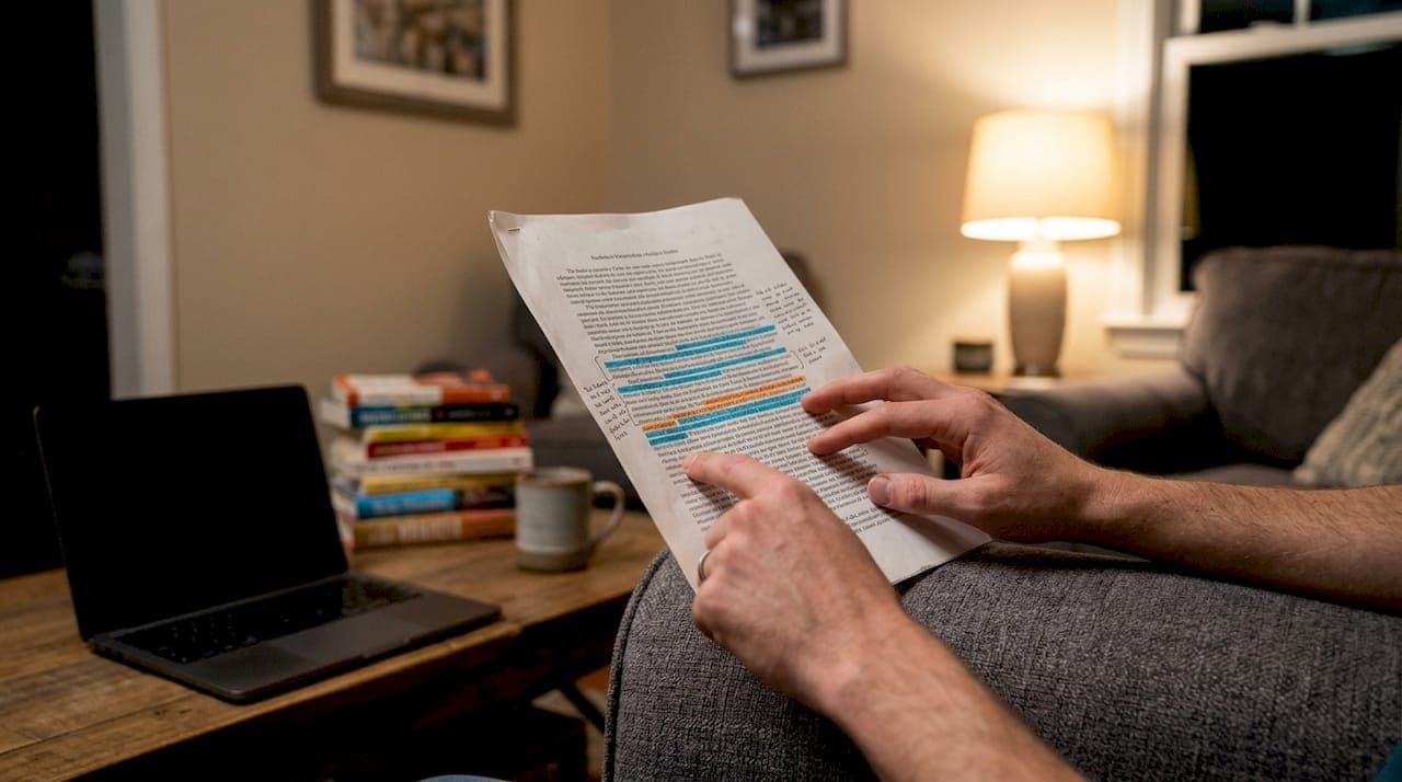 Hands annotating citation phrases on paper