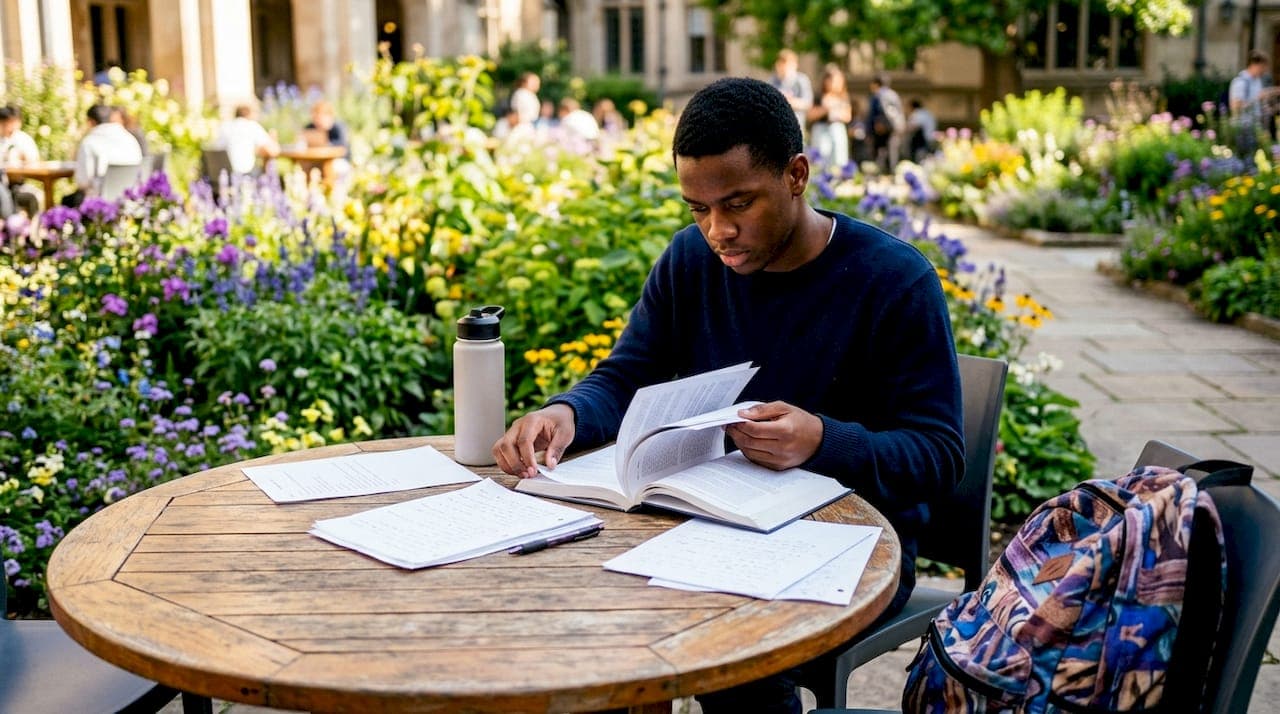 Student studying thesis statement guide in library