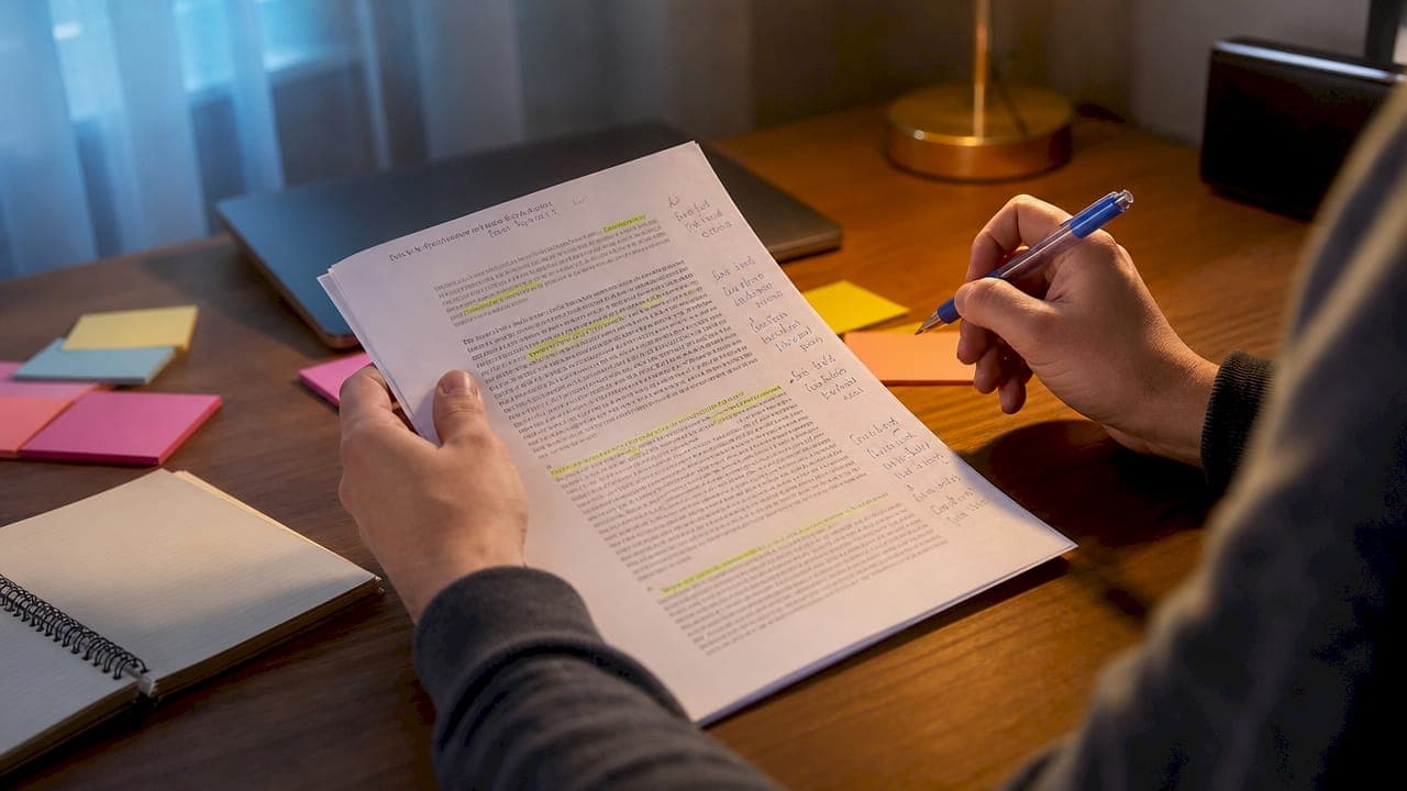 Hands annotating paper with APA citation notes