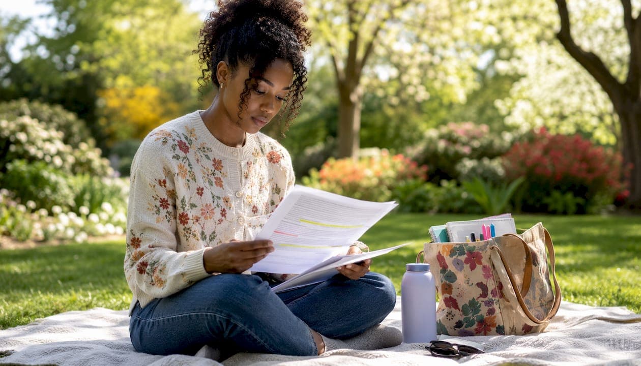 Woman reading environment essay printouts outdoors