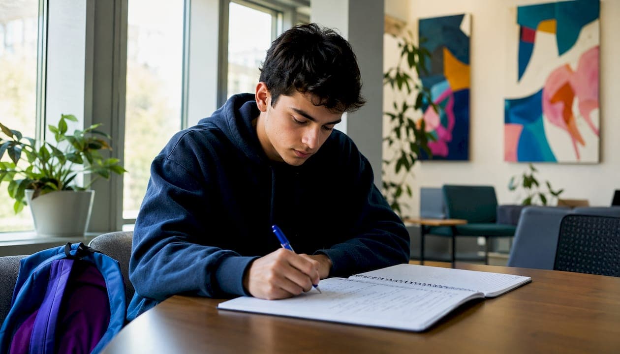 Student hand writing essay introduction in notebook