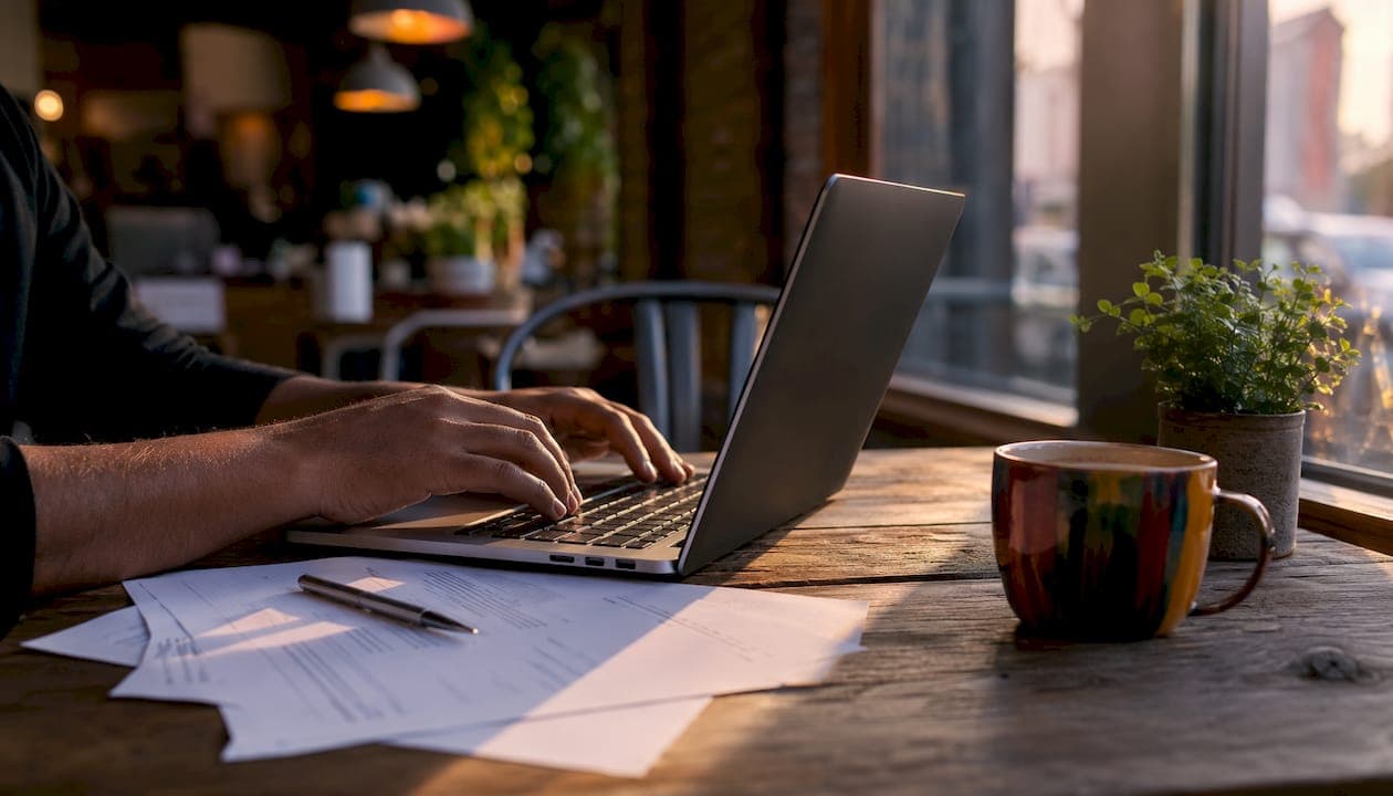 Hands typing on laptop with research outline