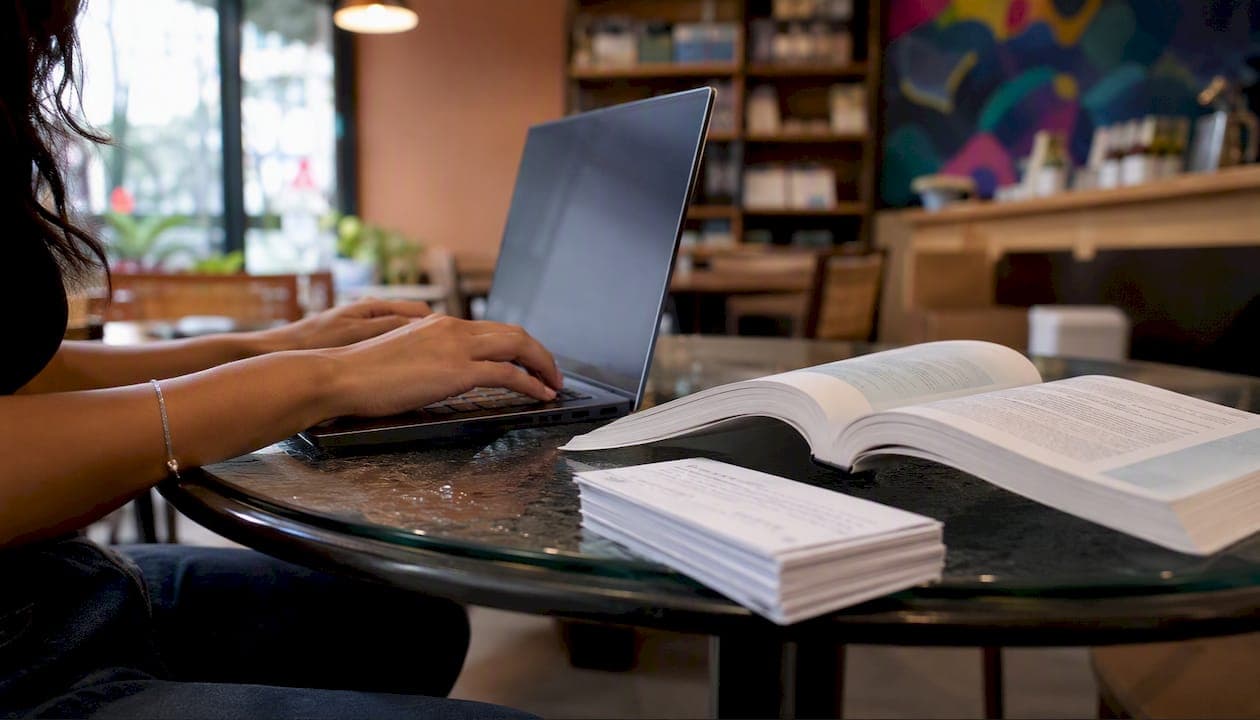 Hands typing APA citation notes in library