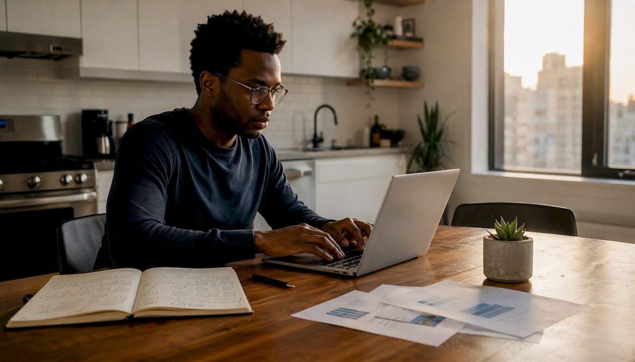 Side view of researcher using AI tools thoughtfully