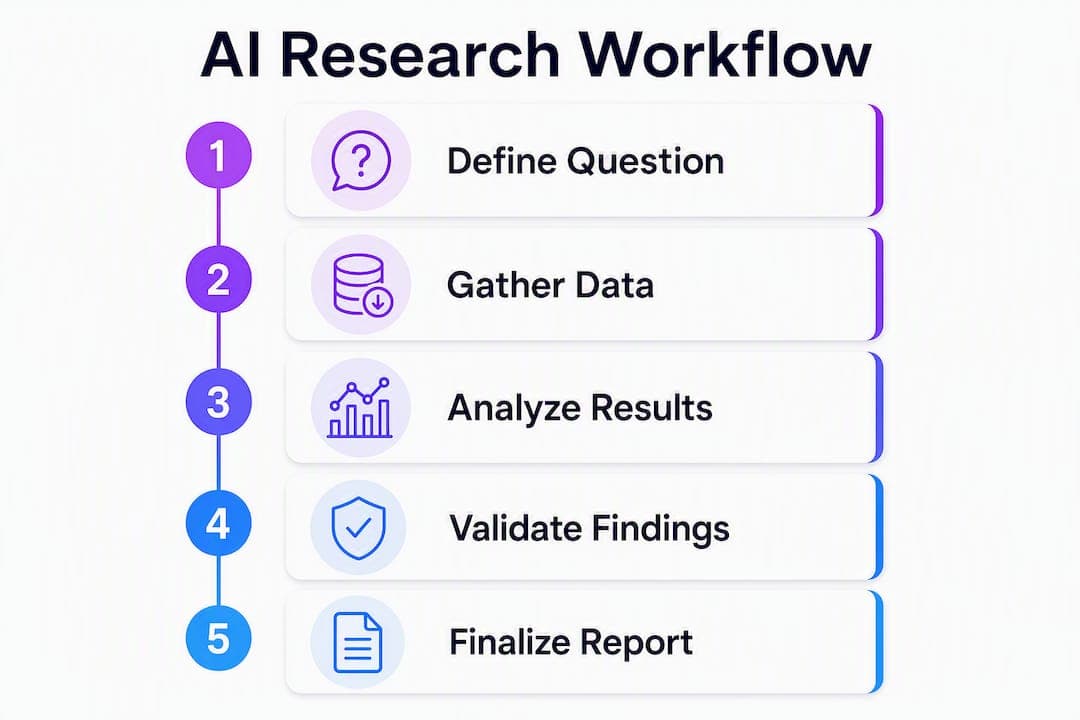 Infographic illustrating AI research assistant workflow steps